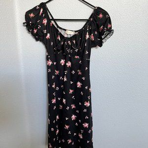 Altar'd State Black Dress with Pink Floral Pattern and Ruched Sleeves